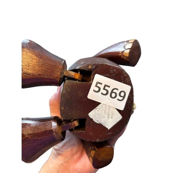 Hand-Carved Wooden Elephant Figurine With Hinged Legs & Decorative Accents - Picture 9 of 9